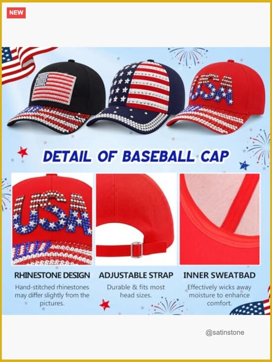 3 Pack Rhinestone American Flag Baseball Caps Adjustable Cotton main image 5